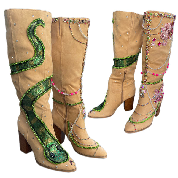 Britney Inspired I’m A S for You Suede  Boots with a sequins Snake and Rhinestone Detailing