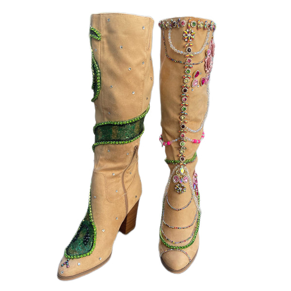 Britney Inspired I’m A S for You Suede  Boots with a sequins Snake and Rhinestone Detailing