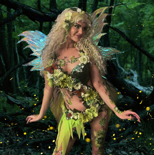 Green Fairy Monokini Warriors with Monarch Butterflies Cosplay Festival Dance Costume
