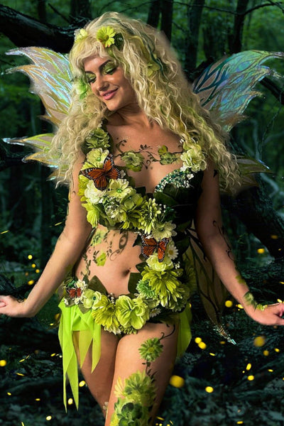 Green Fairy Monokini Warriors with Monarch Butterflies Cosplay Festival Dance Costume