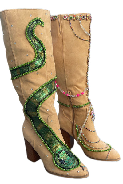 Britney Inspired I’m A S for You Suede  Boots with a sequins Snake and Rhinestone Detailing