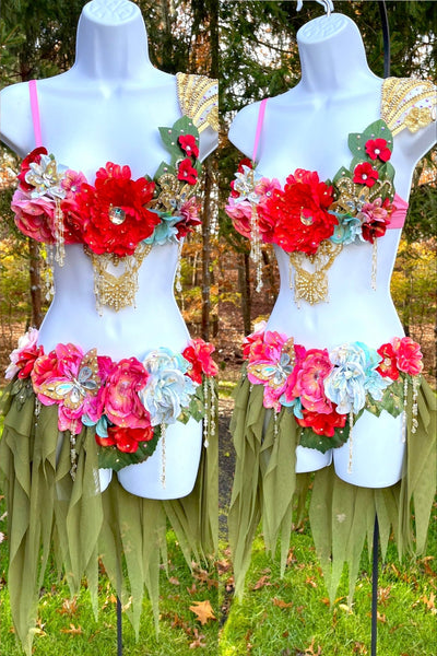 Golden Spring Forest Fairy Goddess with Green Skirt Two Piece Cosplay Costume