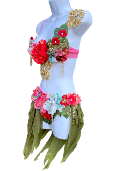 Golden Spring Forest Fairy Goddess with Green Skirt Two Piece Cosplay Costume