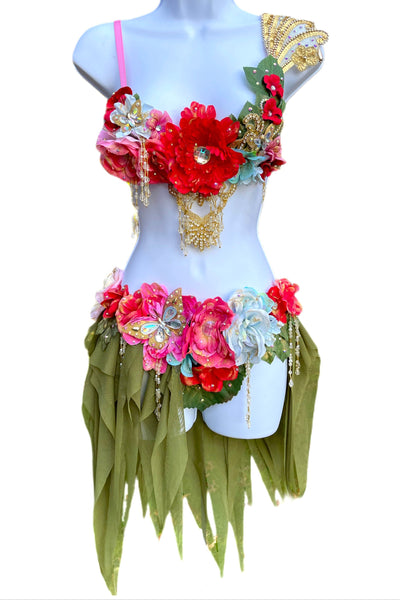 Golden Spring Forest Fairy Goddess with Green Skirt Two Piece Cosplay Costume
