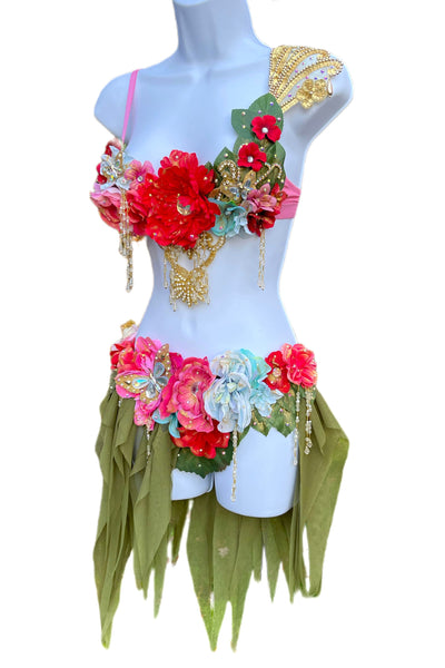 Golden Spring Forest Fairy Goddess with Green Skirt Two Piece Cosplay Costume
