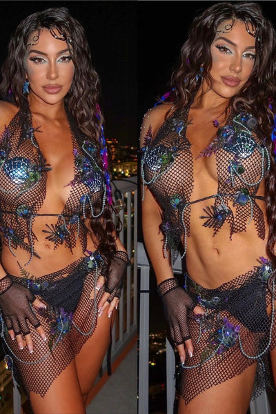 Sirens Of The Sea Dark Gothic Netted Mermaid Halter Top and Skirt