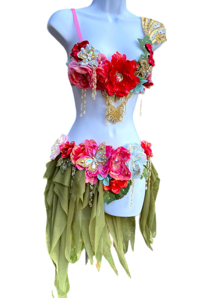 Golden Spring Forest Fairy Goddess with Green Skirt Two Piece Cosplay Costume