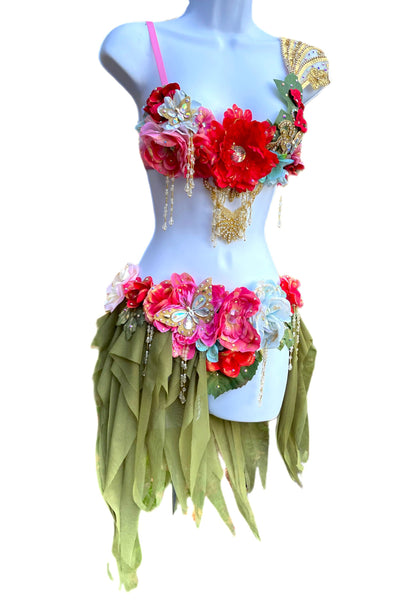 Golden Spring Forest Fairy Goddess with Green Skirt Two Piece Cosplay Costume