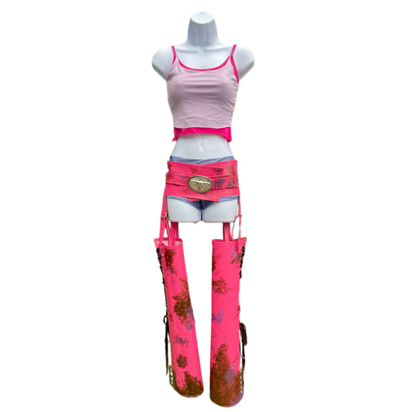 Suki Racer Inspired Dance Festival Cosplay Costume Top, Shorts and Pleather Chaps