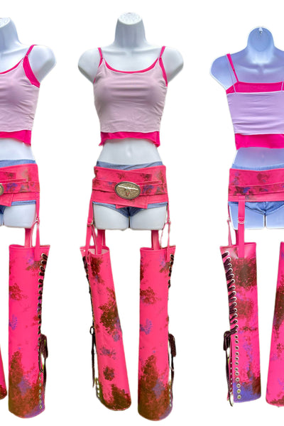 Suki Racer Inspired Dance Festival Cosplay Costume Top, Shorts and Pleather Chaps