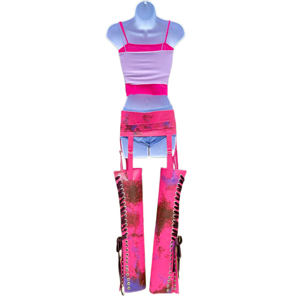 Suki Racer Inspired Dance Festival Cosplay Costume Top, Shorts and Pleather Chaps