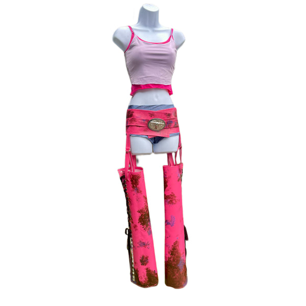 Suki Racer Inspired Dance Festival Cosplay Costume Top, Shorts and Pleather Chaps
