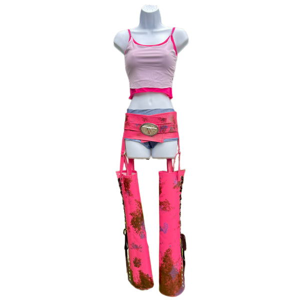 Suki Racer Inspired Dance Festival Cosplay Costume Top, Shorts and Pleather Chaps