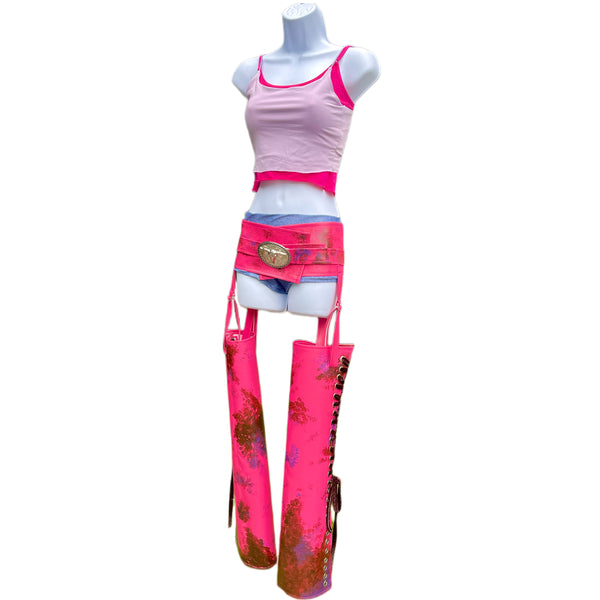 Suki Racer Inspired Dance Festival Cosplay Costume Top, Shorts and Pleather Chaps