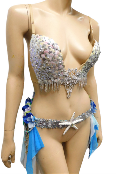 Iridescent White Sequin Scale Mermaid Deep Plunge with Garter Belt Skirt
