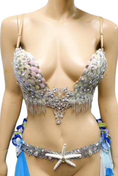 Iridescent White Sequin Scale Mermaid Deep Plunge with Garter Belt Skirt