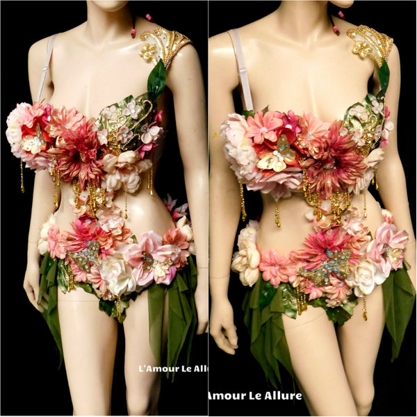 Golden Spring Forest Fairy Goddess with Green Skirt Dance Costume Rave Bra Monokini Halloween