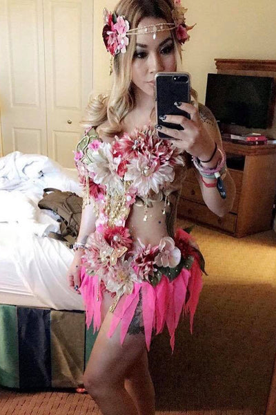 Golden Spring Forest Fairy Goddess with Green Skirt Dance Costume Rave Bra Monokini Halloween