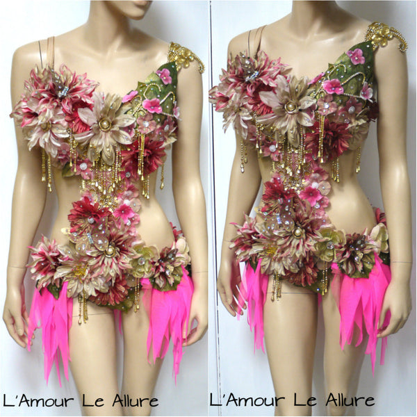 Golden Spring Forest Fairy Goddess with Green Skirt Dance Costume Rave Bra Monokini Halloween