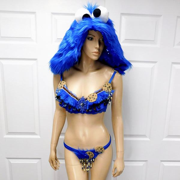 Cookie Monster Detachable Fur Hood, Bra and Thong