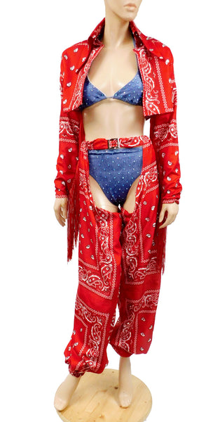 Cardi B Thotiana Inspired Costume - Red Bandana Cow Girl Jacket and Chaps with a Stretch Jean Bikini