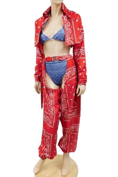 Cardi B Thotiana Inspired Costume - Red Bandana Cow Girl Jacket and Chaps with a Stretch Jean Bikini