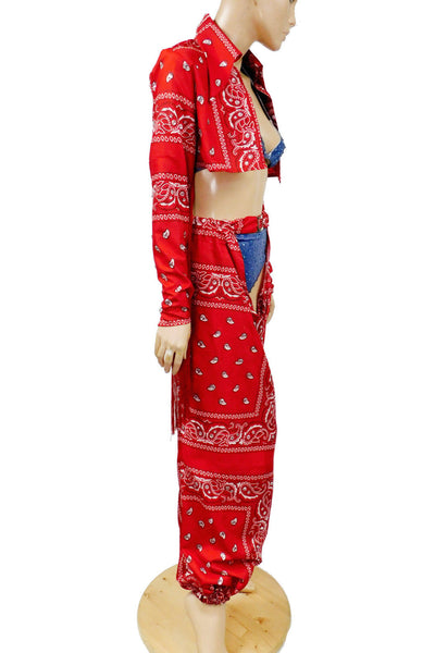 Cardi B Thotiana Inspired Costume - Red Bandana Cow Girl Jacket and Chaps with a Stretch Jean Bikini