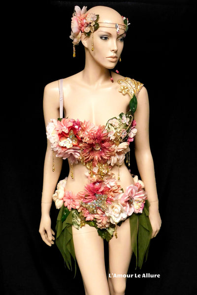 Golden Spring Forest Fairy Goddess with Green Skirt Dance Costume Rave Bra Monokini Halloween