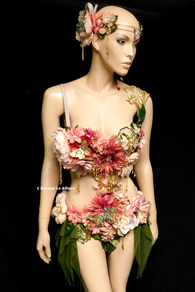 Golden Spring Forest Fairy Goddess with Green Skirt Dance Costume Rave Bra Monokini Halloween