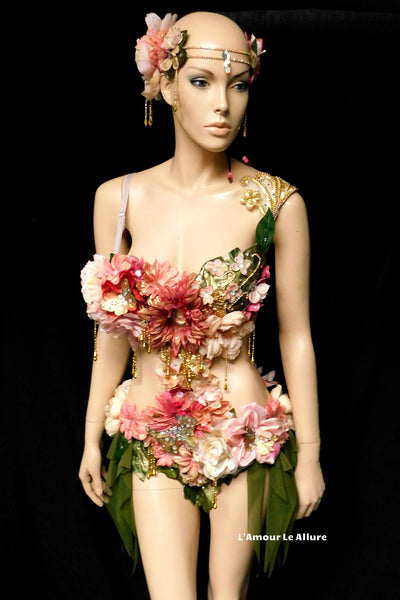 Golden Spring Forest Fairy Goddess with Green Skirt Dance Costume Rave Bra Monokini Halloween