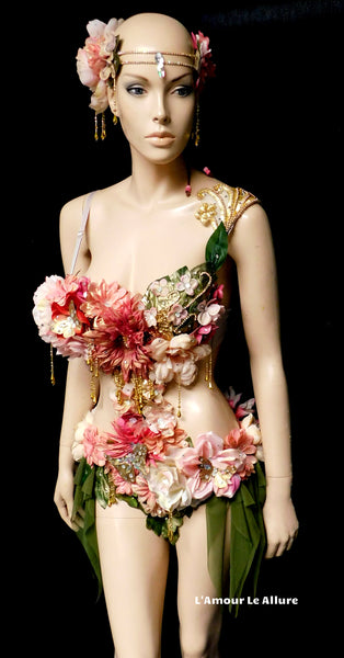 Golden Spring Forest Fairy Goddess with Green Skirt Dance Costume Rave Bra Monokini Halloween