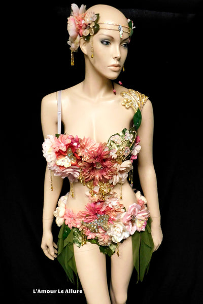 Golden Spring Forest Fairy Goddess with Green Skirt Dance Costume Rave Bra Monokini Halloween
