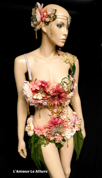 Golden Spring Forest Fairy Goddess with Green Skirt Dance Costume Rave Bra Monokini Halloween
