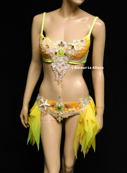 Ready to Ship 34C Yellow and Orange Sequin Scale Mermaid Bra and Skirt