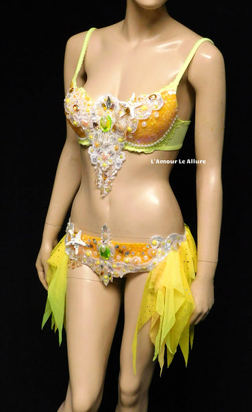 Ready to Ship 34C Yellow and Orange Sequin Scale Mermaid Bra and Skirt