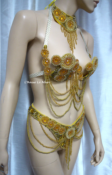 Gold Beaded Carnival Samba Top and Bottom Dance Costume Belly Dancer Burlesque Show Girl