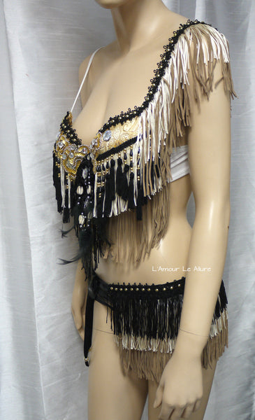Black Gold and Cream Native Fringe Bra and Skirt