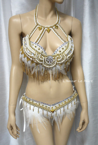 Gold and White Feather Native Indian Fringe Bra and Skirt