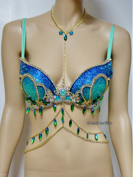 Blue Turquoise Glitter Mermaid Top Bra with Gold Chain