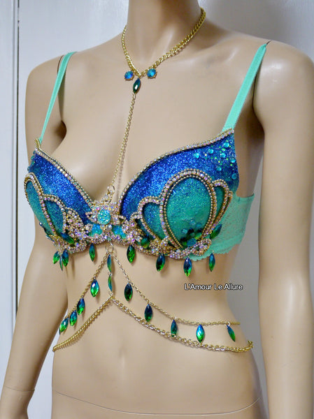 Blue Turquoise Glitter Mermaid Top Bra with Gold Chain