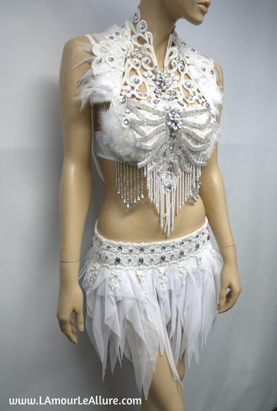 White Lace Rhinestone Feather Angel Bra and Skirt Costume