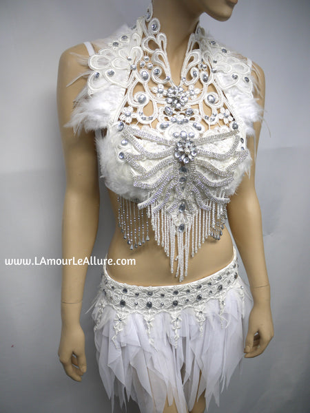White Lace Rhinestone Feather Angel Bra and Skirt Costume