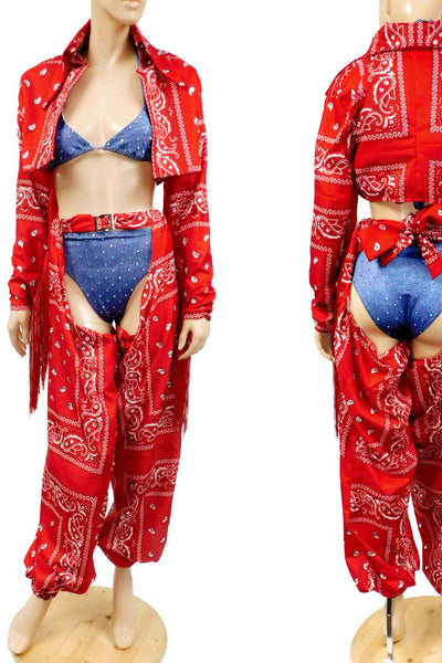Cardi B Thotiana Inspired Costume - Red Bandana Cow Girl Jacket and Chaps with a Stretch Jean Bikini