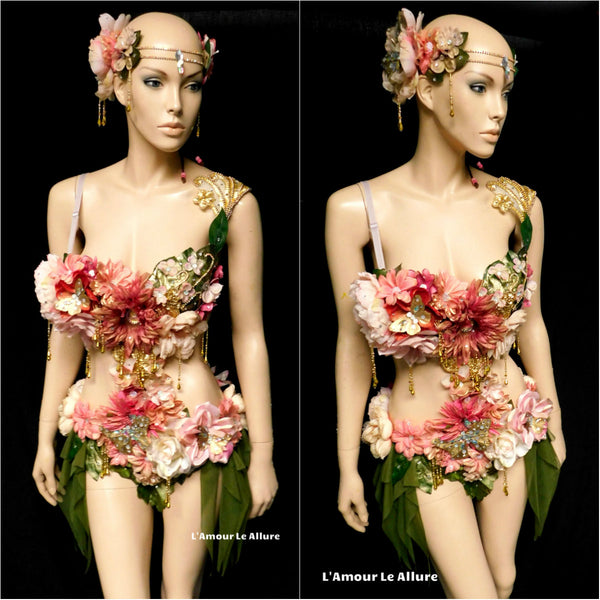 Golden Spring Forest Fairy Goddess with Green Skirt Dance Costume Rave Bra Monokini Halloween
