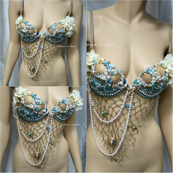 Delicate Dripping in Gold Turquoise Mermaid Bra Top