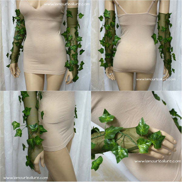 Poison Ivy Fingerless Mesh Gloves Costume Rave Bra Cosplay Halloween