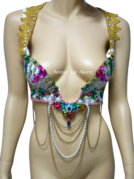 Rainbow Rhinestone Plunge Bra with Chains and Beading