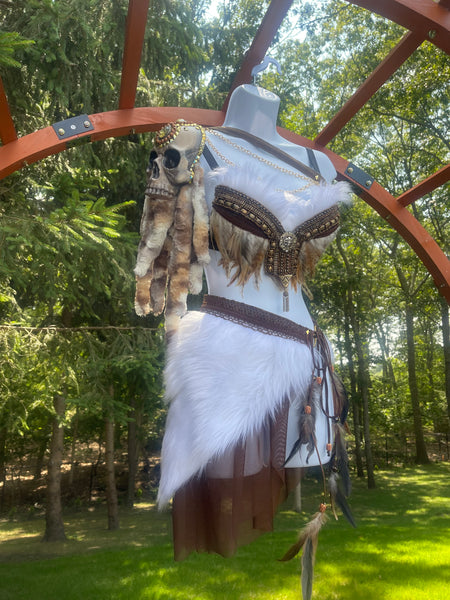 Winter White and Brown Skull Viking Warrior Gladiator Costume