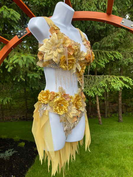 Ready to Ship - Dripping in Gold Golden Spring Fairy Goddess with Side Strap Monokini Dress Costume