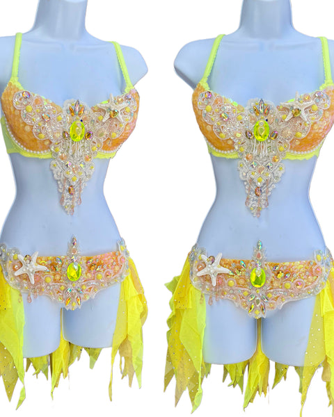 Yellow Peach Sequin Scale Mermaid Bra and Skirt